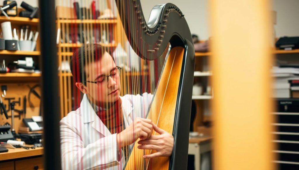 A professional harp technician, dressed in a crisp white lab coat, intently inspecting the intricate mechanisms of a grand concert harp. The workshop is bathed in warm, soft lighting, revealing the technician's focused expression as they meticulously adjust the strings and fine-tune the instrument. In the background, shelves brimming with specialized tools and spare parts suggest the depth of knowledge and expertise required to maintain these delicate musical instruments. The overall atmosphere conveys a sense of care, precision, and the reverence for the craft of harp maintenance and repair.