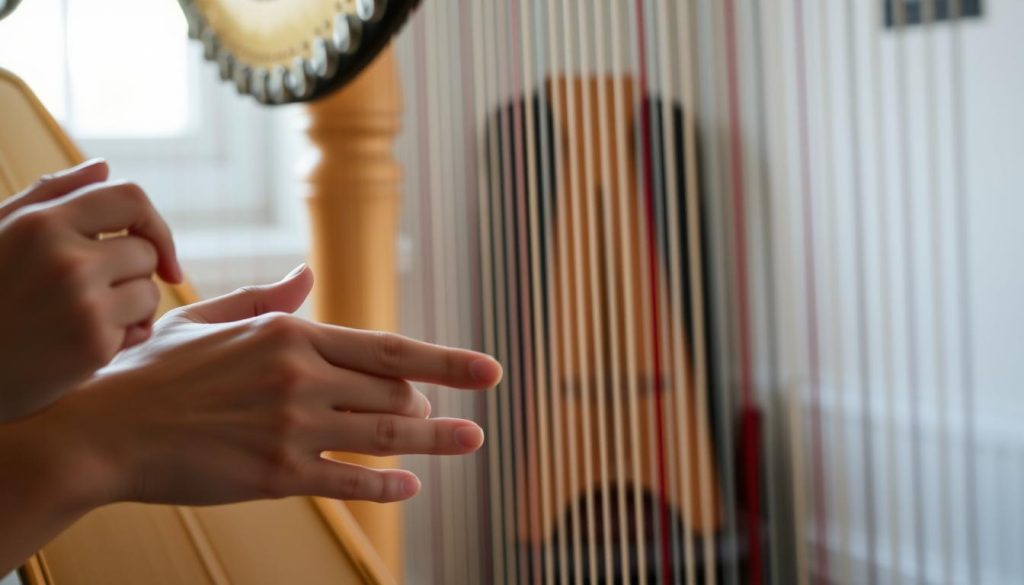 A serene harp rehearsal scene, illuminated by natural light filtering through a window. In the foreground, a harpist's hands delicately plucking the strings, showcasing common beginner's mistakes like incorrect finger positioning and uneven tempo. In the middle ground, the harp itself, its golden frame and intricate details captured in exquisite detail. The background subtly blurred, creating a sense of focus on the learning process. The overall mood is one of contemplation and learning, with a touch of artistic flair to visually represent the challenges of mastering the harp without formal instruction.