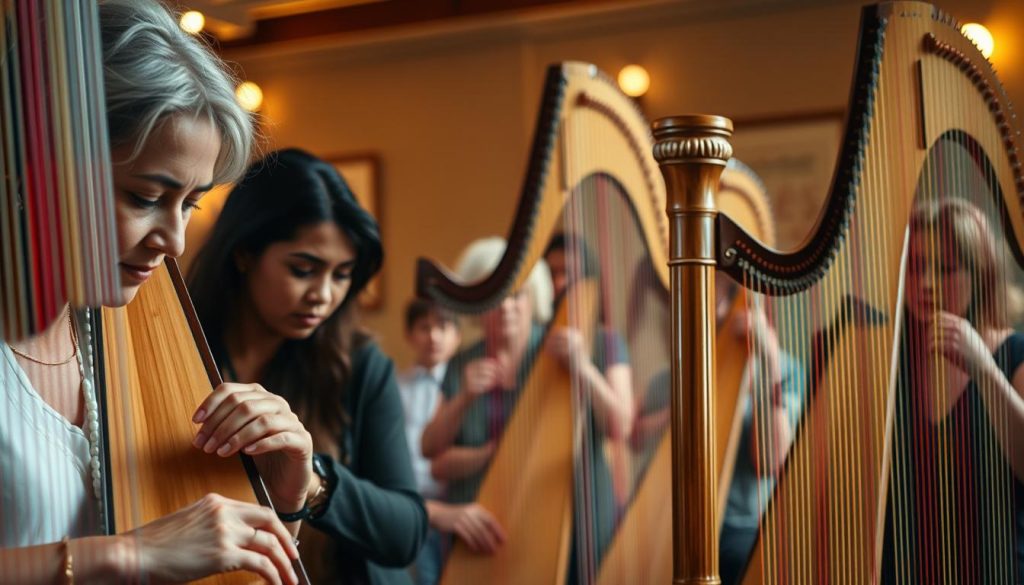 A serene, warm-lit interior featuring a group of harpists, each immersed in the captivating melodies they create with their self-taught mastery. The foreground showcases three individuals of diverse ages and backgrounds, their fingers elegantly gliding across the strings, expressions of pure focus and passion. In the middle ground, additional harpists can be seen, each contributing their unique interpretations to the harmonious ensemble. The background is softly blurred, drawing the viewer's attention to the skilled musicians at the heart of the scene. Subtle lighting from overhead fixtures casts a gentle glow, conveying a sense of intimacy and artistry. The overall atmosphere evokes a celebration of the harpists' personal journeys and the beauty they have cultivated through self-driven dedication.