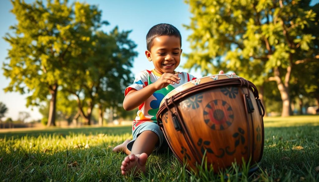 A vibrant scene featuring a young child, around 6 years old, joyfully playing with a traditional djembé drum. The child, wearing a colorful t-shirt and comfortable shorts, sits on a grassy field. In the foreground, the djembé is prominently displayed, showcasing its textured wood and decorative patterns. The middle section captures the child’s focused expression as they rhythmically strike the drum with enthusiasm. Surrounding them, lush green trees and a clear blue sky create a serene backdrop, enhancing the atmosphere of playful exploration. The golden sunlight casts gentle shadows, adding warmth to the image. The overall mood is lively and joyful, inviting viewers into the world of music and play while emphasizing safety and enjoyment for young musicians.