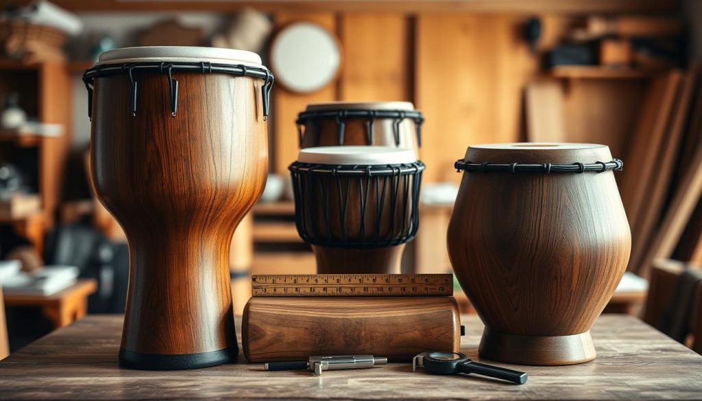 A beautifully arranged display featuring several djembés of varying sizes, focusing on their dimensions: height, diameter, and materials. In the foreground, a close-up of three different djembés positioned side by side, highlighting the differences in their shapes and textures. The middle layer showcases a wooden table adorned with measuring tools, like a ruler and calipers, emphasizing precision in instrument selection. In the background, a softly blurred workshop with warm, natural lighting that enhances the wooden tones of the drums. The overall mood is informative and professional, inviting viewers to learn about choosing the right djembé for their needs while appreciating the craftsmanship involved.