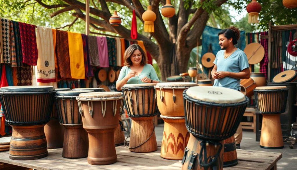 A beautifully arranged display of djembé drums in a vibrant artisan market setting. In the foreground, several handcrafted djembés, showcasing intricate carvings and rich wood textures, are placed on a rustic wooden table. The middle ground features a vendor enthusiastically explaining the qualities of the drums to a curious customer, both dressed in modest casual clothing. Brightly colored fabrics and accessories hang in the background, along with glimpses of other musical instruments, creating a lively, inviting atmosphere. Soft, natural lighting filters through surrounding trees, casting gentle shadows and highlighting the warmth of the wooden instruments. The overall mood is warm, friendly, and culturally rich, inviting the viewer to explore the world of djembés.