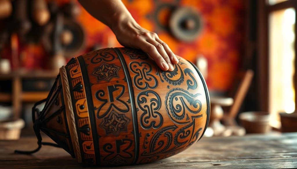A beautifully crafted djembé drum, showcasing intricate carvings of traditional African motifs etched into its wooden body. The foreground features the drum resting on a natural wooden surface, highlighting the fine details of the craftsmanship. In the middle, a skilled artisan’s hands gently touch the drumhead, emphasizing the connection between the maker and the instrument. The background is softly blurred, displaying a vivid tapestry of warm colors reminiscent of an artisan workshop, with natural light filtering through, casting gentle shadows. The atmosphere is one of reverence and artistry, inviting viewers to appreciate the beauty and skill involved in creating a high-quality djembé. The scene captures the essence of artisanal craftsmanship, focusing on the rich textures and harmonious colors of the drum.