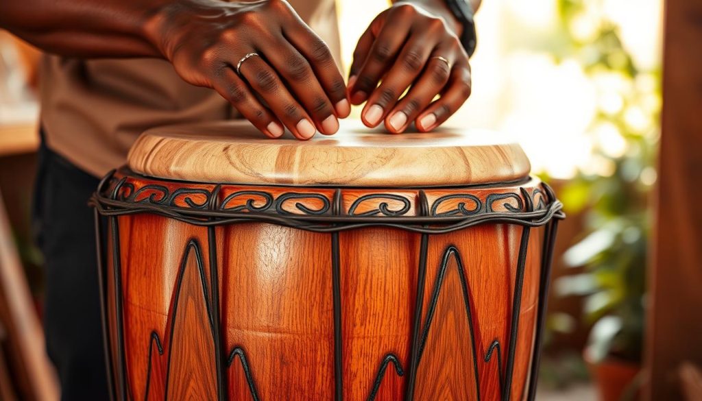 A beautifully crafted djembé sits prominently in the foreground, showcasing intricate, artisanal carvings that reflect African cultural motifs. The drum's polished surface glints under warm, diffused lighting, emphasizing its rich wood grain. A pair of skilled hands, clad in modest, professional attire, gently tests the drumhead, creating a dynamic moment of resonance that illustrates the importance of sound quality. In the middle ground, we see a serene, natural setting—perhaps a sun-drenched garden or a calming studio space, enhancing the atmosphere of craftsmanship and artistry. The background features soft, blurred hints of greenery, allowing the djembé to be the focal point, evoking a sense of tranquility and connection to tradition. The overall mood is one of appreciation and respect for the art of djembé making.