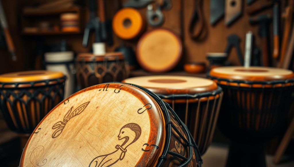 A beautifully hand-crafted djembé drum made from high-quality wood, featuring intricate carvings that showcase traditional African patterns. In the foreground, focus on the textured surface of the drum, highlighting its natural wood grain and vibrant colors, with a close-up view that emphasizes its craftsmanship. The middle ground shows the drum surrounded by a few different sizes of djembés, indicating a range of options. In the background, softly blurred, there is a warm, inviting workshop setting with tools and materials, illuminated by gentle, natural lighting that creates a serene atmosphere. The mood conveys the dedication and artistry behind creating affordable, quality djembés, enticing the viewer to explore realistic budget options.