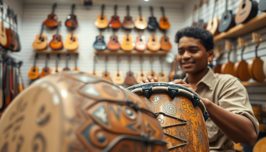 A close-up of a person, dressed in modest casual clothing, playing a traditional djembé in a well-lit music store. The foreground features the textured skin of the djembé, with intricate carvings evident. The musician's focused expression conveys a sense of concentration and enjoyment as they test the drum's sound quality. In the middle ground, shelves filled with various musical instruments create an inviting atmosphere. The background includes soft, warm lighting that highlights the vibrant colors of the djembé. The overall mood is lively and focused, emphasizing the importance of sound quality in selecting a used djembé, with an inviting and professional ambiance.