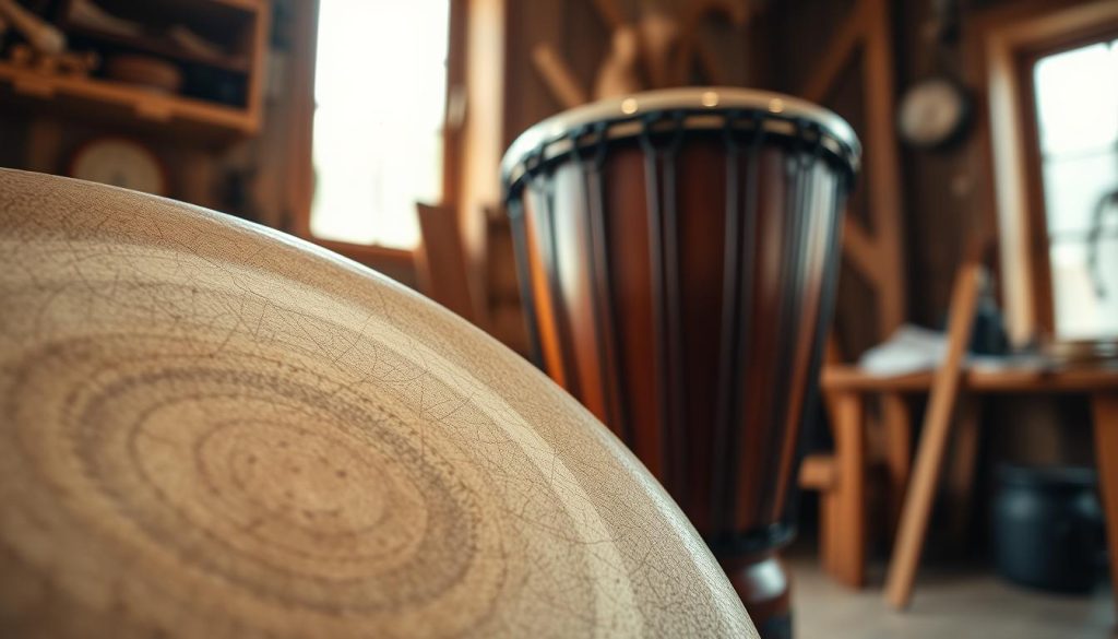 A close-up shot of a beautifully crafted djembé, focusing on its skin diameter and detailing. The foreground features the textured surface of the drumhead, showing intricate patterns from the artisan's work. In the middle ground, the elegant wooden body of the djembé is visible, highlighting its contours, with a rich brown finish and subtle carvings. The background is softly blurred, depicting a warm workshop environment with natural light streaming through a window, enhancing the organic feel of the scene. Shot from a low angle to emphasize the drum's stature, creating an inviting and professional atmosphere that showcases the craftsmanship of an artisanal djembé.