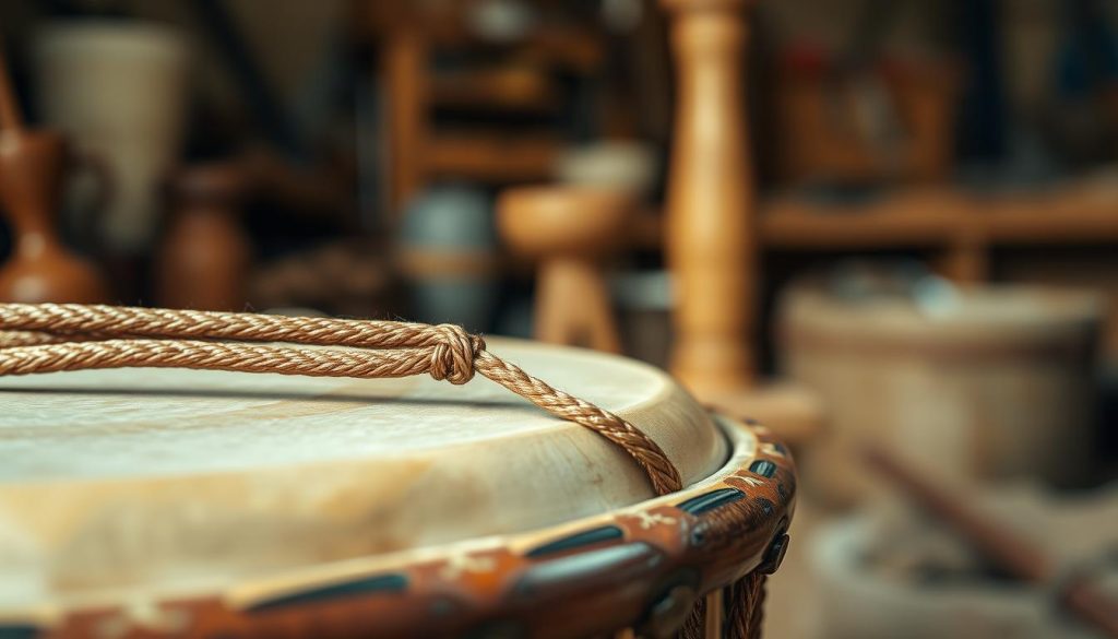 A close-up view of a beautifully crafted djembé showcasing detailed cordage tension and its authentic wooden texture. The foreground features the intricately woven ropes tightly securing the drumhead, gleaming under soft, warm lighting that highlights the craftsmanship. The middle ground displays the rounded edge of the djembé, emphasizing the precision of the wooden carving, adorned with traditional motifs. In the background, a blurred workshop environment hints at artisanal tools and materials, creating an atmosphere of craftsmanship and dedication. The overall mood is one of warmth and artistry, inviting the viewer to appreciate the balance between form and function in a reliable djembé. The composition is shot from a slightly angled perspective, adding depth and interest to the image.
