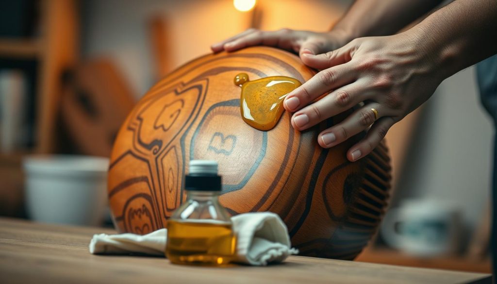 A close-up view of a pair of hands carefully applying oil to a beautifully crafted wooden djembé. The foreground showcases the intricate wood grain and natural patterns of the drum, with the hands in focus, displaying care and attention. In the middle ground, a small container of natural wood oil and a clean cloth are placed nearby, indicating the maintenance process. The background features a softly blurred workspace, with warm, ambient lighting that creates a cozy atmosphere, evoking a sense of craftsmanship and respect for traditional instruments. The overall mood is serene and focused, highlighting the importance of preserving the djembé's quality through proper care.