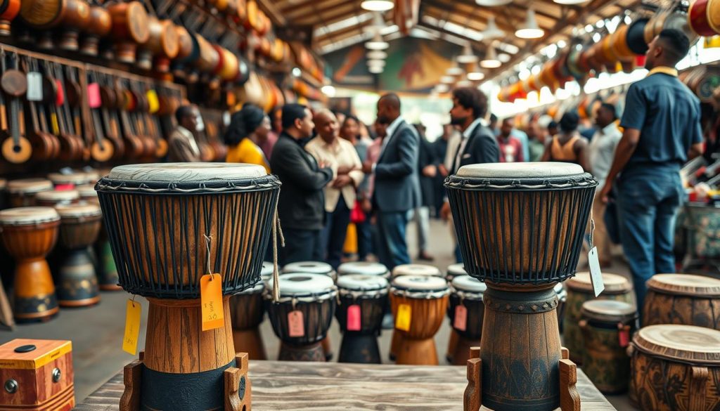 A detailed marketplace scene focusing on a selection of used djembés displayed on wooden stands. In the foreground, two beautifully handcrafted djembés with intricate carvings showcase their unique textures and colors. Surrounding them, vibrant price tags hang neatly, indicating various price points. In the middle ground, a diverse group of customers is engaged in conversation, inspecting the instruments closely, dressed in smart casual clothing. The background features a bustling market with colorful stalls, exotic instruments, and warm, natural lighting that creates an inviting atmosphere. A shallow depth of field highlights the djembés in the foreground while softly blurring the crowd. The mood is lively and informative, emphasizing the importance of assessing value in the second-hand djembé market.