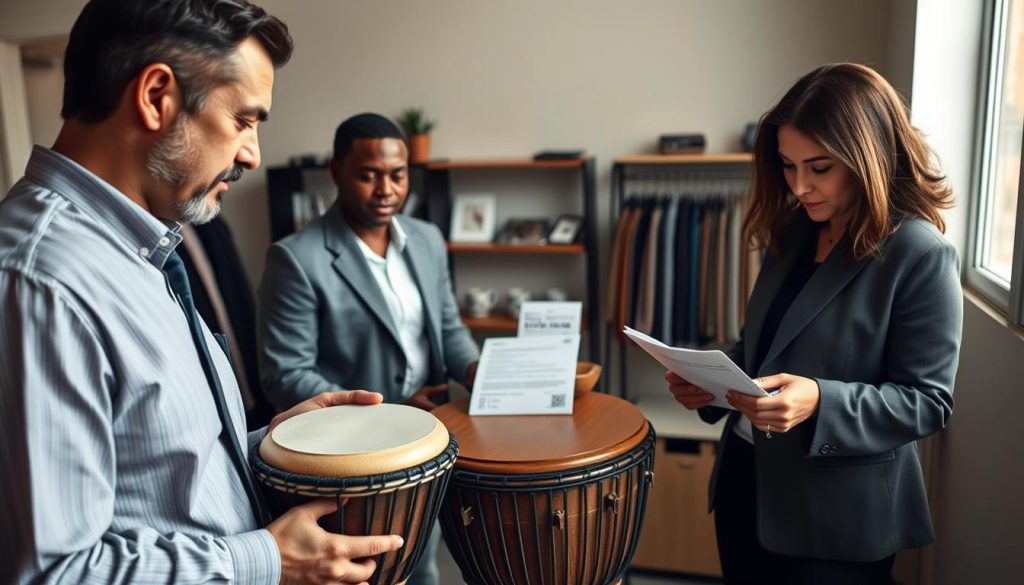 A professional setting featuring a diverse group of individuals engaged in a transaction concerning a used djembe. In the foreground, a middle-aged man in business casual attire examines a beautifully crafted djembe, its intricate carvings visible. Beside him, a woman in a blazer carefully reviews the seller's credentials and paperwork, conveying a sense of diligence and caution. In the middle background, a small table holds various documents, including a receipt and a buyer's guide, emphasizing the importance of evaluating the seller. Soft, natural lighting streams in from a window, creating an inviting atmosphere. The background features a modest, well-organized space that suggests a reputable marketplace. The overall mood is focused and professional, highlighting the theme of trust and due diligence in a transaction.