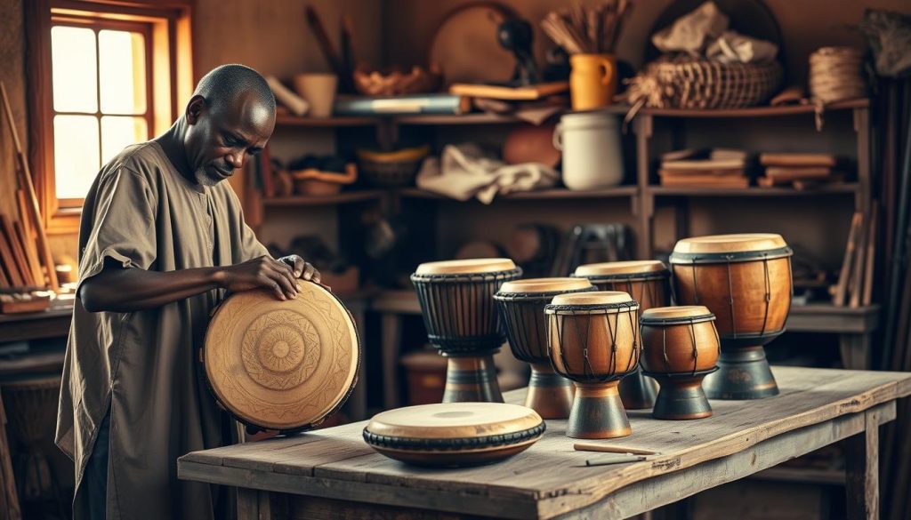 A skilled West African artisan meticulously crafts a djembé drum in a sunlit workshop. In the foreground, the artisan, wearing modest, traditional clothing, is focused on carving intricate patterns into the wooden shell of the drum, showcasing the detail and skill involved. In the middle, several beautifully finished djembé drums of varying sizes rest on a rustic wooden table, highlighting the diversity in craftsmanship and form. The background features shelves adorned with tools and natural materials, with warm sunlight streaming through a window, creating an inviting and dynamic atmosphere. Capture this scene with a soft focus, emphasizing the artisan’s concentration, while ensuring a warm, earthy color palette conveys the rich cultural heritage of West African drum-making.