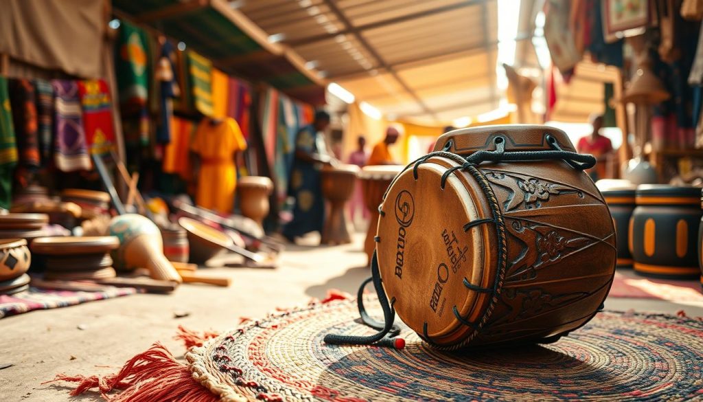 A vibrant West African market scene showcasing traditional musical instruments, focusing on a beautifully crafted djembé drum. In the foreground, the djembé, adorned with intricate carvings and a natural skin head, rests on a colorful woven mat. In the middle ground, artisan craftspeople, dressed in traditional clothing, are seen carefully crafting and painting instruments. The background depicts a lively market filled with vibrant textiles and rustic stalls under warm sunlight, creating a rich atmosphere. Soft lighting highlights the textures of the wood and fabric, enhancing the feeling of authenticity and cultural heritage. The overall mood evokes a sense of connection to tradition, music, and craftsmanship.