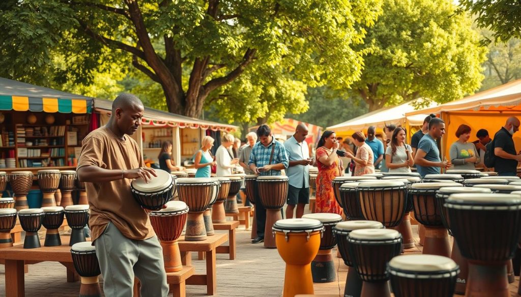 A vibrant and lively marketplace in France showcasing various styles of djembés arranged on wooden tables. In the foreground, a skilled artisan, dressed in modest casual clothing, is playing a djembé, demonstrating its rich sound. In the middle ground, shoppers of diverse ethnicities are examining and interacting with the instruments, some enjoying the music while others negotiate prices. The background features colorful market stalls with traditional decorations, and lush green trees framing the scene under warm, natural sunlight. The atmosphere is friendly and engaging, inviting viewers to explore the world of affordable djembés without any surprises. The image should have a slightly warm tone to evoke a welcoming feeling.