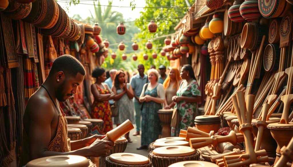 A vibrant artisan market showcasing colorful stalls filled with handcrafted djembés. In the foreground, a skilled artisan carefully carves and polishes a wooden djembé, illuminated by warm, natural light streaming in from the side. Surrounding him are intricate textiles and unique, handmade crafts that reflect the rich culture of West Africa. In the middle ground, a group of diverse visitors are engaged in lively discussions, admiring the various djembés and other artisanal goods, dressed in casual yet respectful clothing. The background features lush greenery and traditional decorations, contributing to the festive atmosphere. The image should convey a sense of authenticity and community, capturing the essence of a lively artisan marketplace.