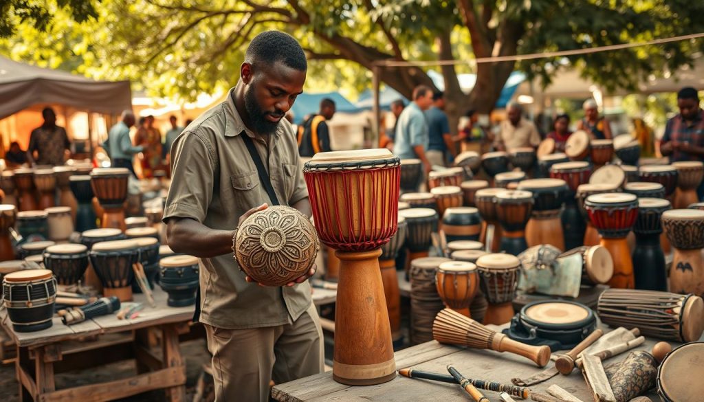 A vibrant marketplace scene showcasing a selection of various used djembés displayed on rustic wooden tables. In the foreground, a skilled artisan inspects a beautifully crafted djembé with intricate carvings, wearing modest casual clothing. The middle ground features an assortment of djembés in different sizes and colors, some with visible signs of wear and history, attracting curious passersby. The background includes soft natural light filtering through leafy trees, creating a warm and inviting atmosphere. The scene conveys a sense of exploration and discovery, emphasizing the excitement of finding good deals while being aware of potential pitfalls in purchasing used instruments. Capture this image from a slightly elevated angle to provide a comprehensive view of the entire setting.