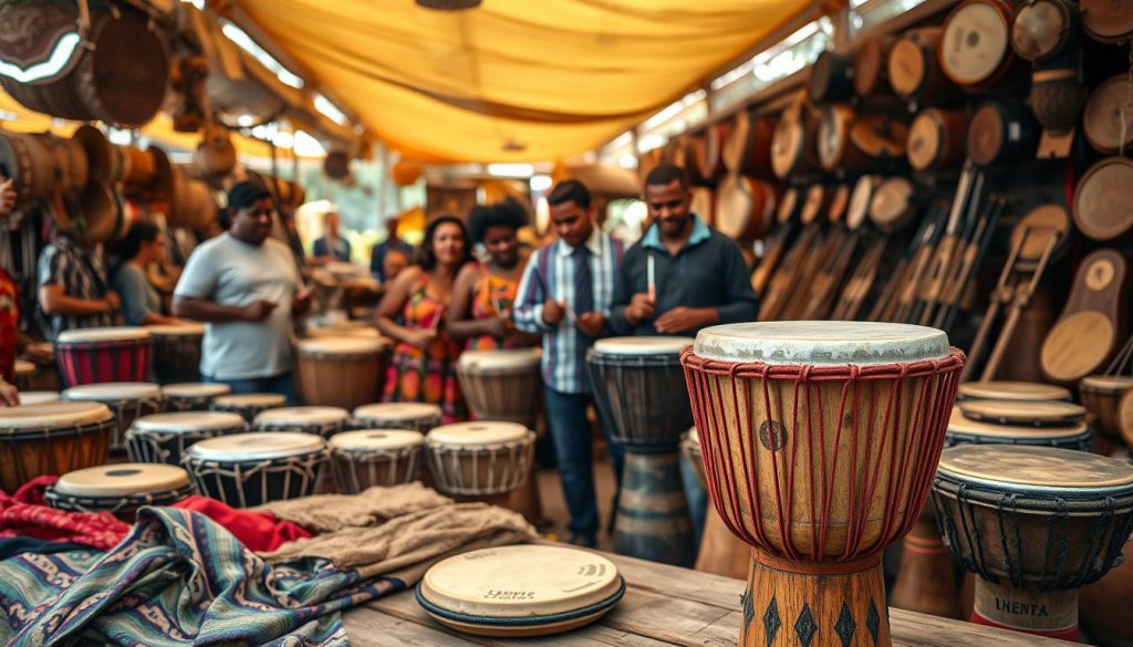 A vibrant marketplace scene showcasing various djembés for sale, with a focus on one drum in the foreground, emphasizing its unique design and texture. The drum is placed on a wooden table, surrounded by colorful fabric and natural materials, with light filtering through overhead canopies, casting soft shadows. In the middle ground, a diverse group of people, dressed in casual yet neat clothing, can be seen testing the sound of the djembés, their expressions reflecting curiosity and delight. The background features an eclectic assortment of drums and percussion instruments, with a warm, inviting atmosphere reminiscent of a traditional market. The image captures the essence of sound exploration and the joy of music, encouraging careful selection and appreciation of quality craftsmanship in instruments.