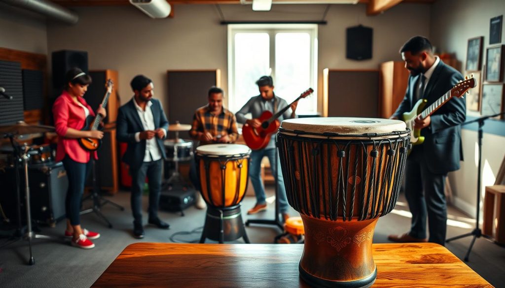 A vibrant, well-lit scene featuring a beautifully crafted djembé drum in the foreground, set on a wooden table. The djembé, adorned with intricate traditional carvings, displays warm earthy tones contrasting with the deep, rich texture of the drumhead. In the middle ground, a diverse group of musicians, dressed in smart casual clothing, are engaged in playing the djembé, showcasing varying skill levels, from a child enthusiastically tapping the drum to an adult demonstrating complex rhythms. The background features a cozy workshop with musical instruments and soundproofing elements, subtly illuminated by natural light streaming through a window. The overall mood is lively and encouraging, inviting learners and passionate musicians alike to explore the joys of playing the djembé.
