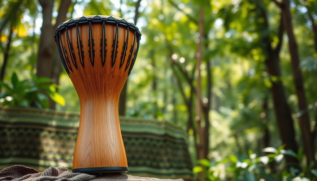 A beautifully crafted Senna siamea djembé as the focal point, showcasing its warm, golden-brown wood grain that highlights its unique texture. The djembé sits prominently in the foreground, angled slightly to reveal its curved shape and intricate carving details. In the middle ground, softly blurred tribal motifs and patterns create an artistic backdrop, evoking the rich cultural heritage associated with this musical instrument. The background features a serene forest scene, with lush green foliage under soft, dappled sunlight filtering through the trees, enhancing the natural vibe. Capture this scene with a slight over-the-shoulder angle, emphasizing the craftsmanship of the djembé, while maintaining a warm, inviting atmosphere. The overall mood should be harmonious and reflective, resonating with the essence of traditional music-making. A beautifully crafted Senna siamea djembé as the focal point, showcasing its warm, golden-brown wood grain that highlights its unique texture. The djembé sits prominently in the foreground, angled slightly to reveal its curved shape and intricate carving details. In the middle ground, softly blurred tribal motifs and patterns create an artistic backdrop, evoking the rich cultural heritage associated with this musical instrument. The background features a serene forest scene, with lush green foliage under soft, dappled sunlight filtering through the trees, enhancing the natural vibe. Capture this scene with a slight over-the-shoulder angle, emphasizing the craftsmanship of the djembé, while maintaining a warm, inviting atmosphere. The overall mood should be harmonious and reflective, resonating with the essence of traditional music-making.