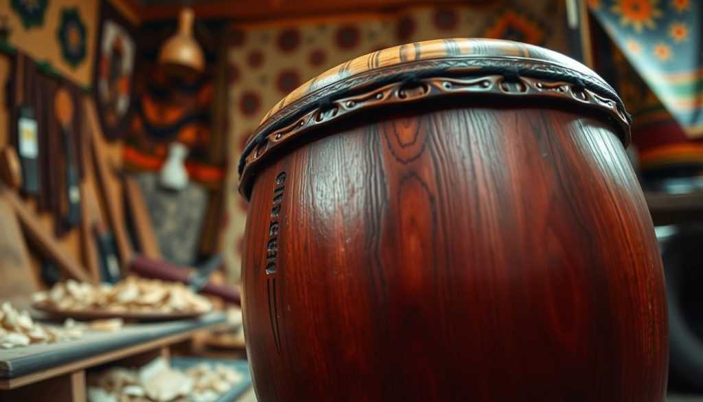 A beautifully crafted acajou djembé, showcasing rich, deep reddish-brown hues and intricate carvings, positioned prominently in the foreground. Focus on the textured surface of the drum, capturing the natural wood grain and artistic details that reflect its quality. In the middle ground, include a softly blurred setting of a serene, warm-toned workshop with tools and wood shavings, suggesting craftsmanship and artistry. The background should feature a subtle display of African-inspired patterns and colors to enhance the cultural significance of the instrument. Use warm, natural lighting to create a cozy atmosphere, highlighting the djembé's curves. A low-angle shot gives it a sense of prominence while conveying a feeling of artistry and passion for music. A beautifully crafted acajou djembé, showcasing rich, deep reddish-brown hues and intricate carvings, positioned prominently in the foreground. Focus on the textured surface of the drum, capturing the natural wood grain and artistic details that reflect its quality. In the middle ground, include a softly blurred setting of a serene, warm-toned workshop with tools and wood shavings, suggesting craftsmanship and artistry. The background should feature a subtle display of African-inspired patterns and colors to enhance the cultural significance of the instrument. Use warm, natural lighting to create a cozy atmosphere, highlighting the djembé's curves. A low-angle shot gives it a sense of prominence while conveying a feeling of artistry and passion for music.