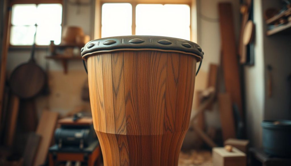A beautifully crafted djembé drum made from rich iroko and lenke wood, prominently displayed in the foreground. The intricate grain patterns of the wood are highlighted, showcasing their natural beauty and texture. The drum is set against a softly blurred backdrop of a warm, sunlit workshop filled with tools and wood shavings, suggesting a traditional crafting environment. The light filters in through a window, casting gentle shadows and creating an inviting, serene atmosphere. No people are present in the image, emphasizing the craftsmanship and material of the djembé. The overall mood is one of artistry and tradition, inviting the viewer to appreciate the advantages and limits of these wood types. A beautifully crafted djembé drum made from rich iroko and lenke wood, prominently displayed in the foreground. The intricate grain patterns of the wood are highlighted, showcasing their natural beauty and texture. The drum is set against a softly blurred backdrop of a warm, sunlit workshop filled with tools and wood shavings, suggesting a traditional crafting environment. The light filters in through a window, casting gentle shadows and creating an inviting, serene atmosphere. No people are present in the image, emphasizing the craftsmanship and material of the djembé. The overall mood is one of artistry and tradition, inviting the viewer to appreciate the advantages and limits of these wood types.