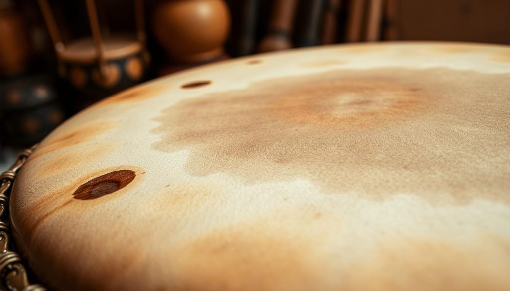 A close-up image showcasing high-quality animal skin, specifically the tensioned drumhead of a djembé, with intricate textures and natural blemishes that highlight its authenticity. In the foreground, focus on the fine detailing of the skin’s surface, capturing the subtle variations in color from rich cream to deep beige. The middle ground features the elegantly carved wooden body of the djembé, emphasizing the grain and polish that enhance its aesthetic appeal. The background is softly blurred, evoking a warm, natural setting, possibly with subtle hints of a workshop or music studio environment. Utilize soft, diffused lighting to enhance the richness of the tones, evoking a mood of craftsmanship and musicality. Capture the angle from slightly above, drawing the viewer's eye to the intricate details of both the wood and skin.