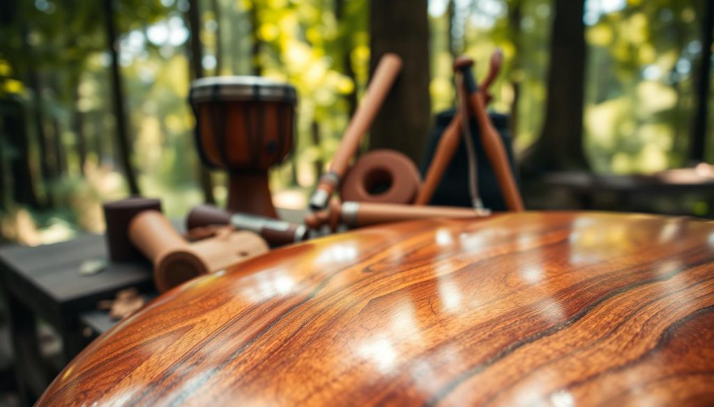 A close-up shot of a polished vène wood surface showcasing its rich, deep brown hues with subtle golden undertones, reflecting light to capture the intricate grain patterns that enhance its resonance properties. In the foreground, showcase a beautifully crafted djembé, highlighting its traditional design. The middle ground features artisan tools and shavings to emphasize the craftsmanship involved in woodworking. The background includes soft-focus elements of a serene forest setting, with dappled sunlight filtering through leafy trees, creating a warm, inviting atmosphere. The overall mood evokes a sense of harmony with nature and the enduring beauty of sustainably sourced materials. Soft, diffused lighting enhances the textures and colors, captured with a shallow depth of field for a professional, polished look. A close-up shot of a polished vène wood surface showcasing its rich, deep brown hues with subtle golden undertones, reflecting light to capture the intricate grain patterns that enhance its resonance properties. In the foreground, showcase a beautifully crafted djembé, highlighting its traditional design. The middle ground features artisan tools and shavings to emphasize the craftsmanship involved in woodworking. The background includes soft-focus elements of a serene forest setting, with dappled sunlight filtering through leafy trees, creating a warm, inviting atmosphere. The overall mood evokes a sense of harmony with nature and the enduring beauty of sustainably sourced materials. Soft, diffused lighting enhances the textures and colors, captured with a shallow depth of field for a professional, polished look.
