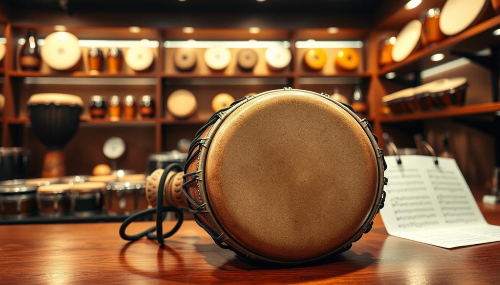 A close-up view of a professional djembé displayed in an elegant French music shop, focusing on its intricate craftsmanship and quality materials. The drum is placed prominently on a polished wooden table, showcasing its rich texture and vibrant colors. In the background, shelves filled with other high-end percussion instruments softly blur, creating depth. Warm, ambient lighting highlights the contours and details of the djembé, casting gentle shadows that enhance its three-dimensionality. A subtle context of musical notes or a sheet music can be suggested, enhancing the atmosphere of professionalism and quality. The overall mood is inviting, informative, and focused on the art of premium musical instruments.