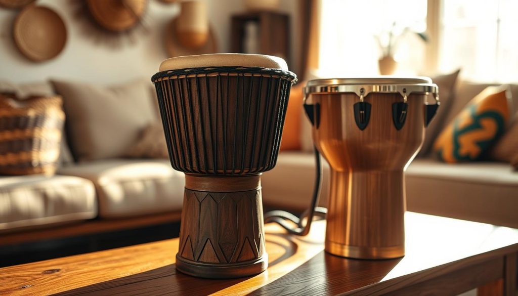 A close-up view of two distinct djembés positioned on a wooden table in a sunlit room. The foreground showcases an intricately carved traditional African djembé, its textured surface highlighted with warm, natural light, emphasizing the detailing in the wood and skin. Beside it, a modern djembé made from sleek, polished materials, exuding a more contemporary aesthetic. In the background, softly blurred, are hints of a cozy living space with African-inspired decor, like woven baskets and colorful fabrics, creating a welcoming atmosphere. The overall mood is one of cultural appreciation and the harmony of tradition versus modernity, captured with soft, inviting lighting that enhances the textures and colors of the instruments.
