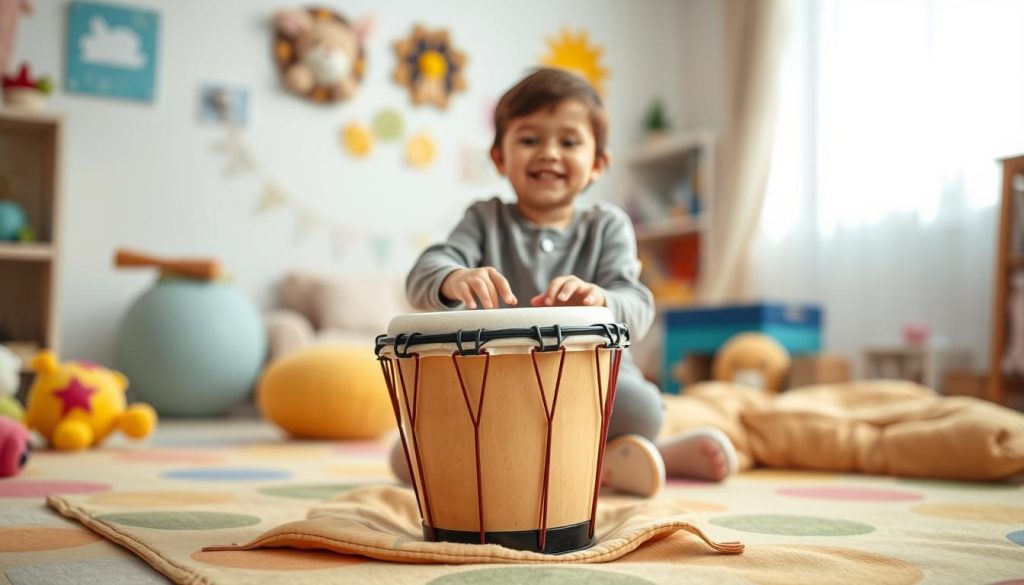 A cozy and safe playroom setting focused on children's drumming experience. In the foreground, a colorful child-sized djembé drum sits on a soft, cushioned mat designed for safety, with a pair of small hands gently resting on its surface, ready to play. The middle ground features a cheerful child wearing comfortable, modest clothing, smiling as they engage with the drum, exuding joy and confidence. The background is a bright, inviting space filled with playful decorations, such as plush toys and wall art, promoting a relaxing atmosphere. Soft, natural lighting filters through a window, creating a warm and welcoming ambiance, capturing the essence of safety and comfort for children in a playful environment.