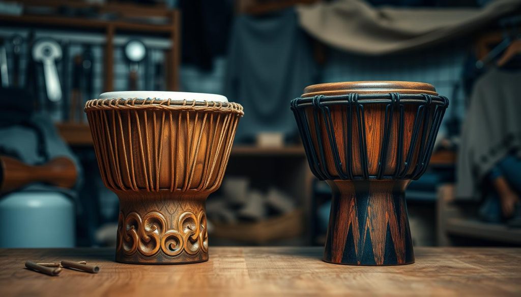 A detailed close-up of two types of djembés side by side on a wooden table, highlighting the craftsmanship and materials used in their construction. The left djembé is a traditional African version, made of carved wood with intricate patterns, showcasing natural fibers and traditional techniques, while the right djembé represents a modern version, featuring polished wood and synthetic materials. Soft diffused lighting illuminates the scene, casting gentle shadows that enhance the textures of the wood and skin. The background is a blurred workshop environment, with tools and fabric in soft focus, creating a professional and inviting atmosphere. The mood is educational, emphasizing quality and craftsmanship without distractions.