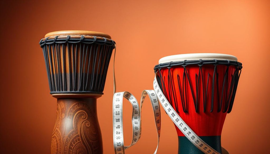 A detailed image of a traditional African djembé drum and a modern djembé side by side, highlighting their dimensions and morphology. In the foreground, focus on the textures of the drum surfaces, showcasing the differences in wood grain and drumhead materials. The traditional djembé should have a taller, classic shape with an intricate carving design, while the modern one has a sleek, contemporary form with a vibrant finish. In the middle ground, display measuring tape gently coiled around each drum, emphasizing their height and diameter. The background should feature a soft gradient, transitioning from warm earth tones to cooler modern hues, creating a harmonious atmosphere. Use warm, diffused lighting to convey richness and musical resonance, shot at eye-level to engage viewers.