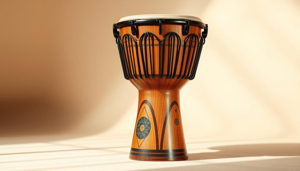 A modern djembé, showcasing its unique design with a sleek, polished wooden body and vibrant fabric detailing, prominently displayed in the foreground. The drum features intricate carvings and a contemporary geometric pattern on its surface, reflecting a blend of tradition and innovation. In the middle ground, a soft, diffused light illuminates the drum, enhancing the textures and colors. The background consists of a light, abstract pattern that suggests a rhythmic motion, evoking the sound and spirit of the music it produces. A warm, inviting atmosphere envelops the scene, with subtle shadows adding depth. The composition should emphasize the beauty of this modern instrument, capturing its essence without any distractions or text.
