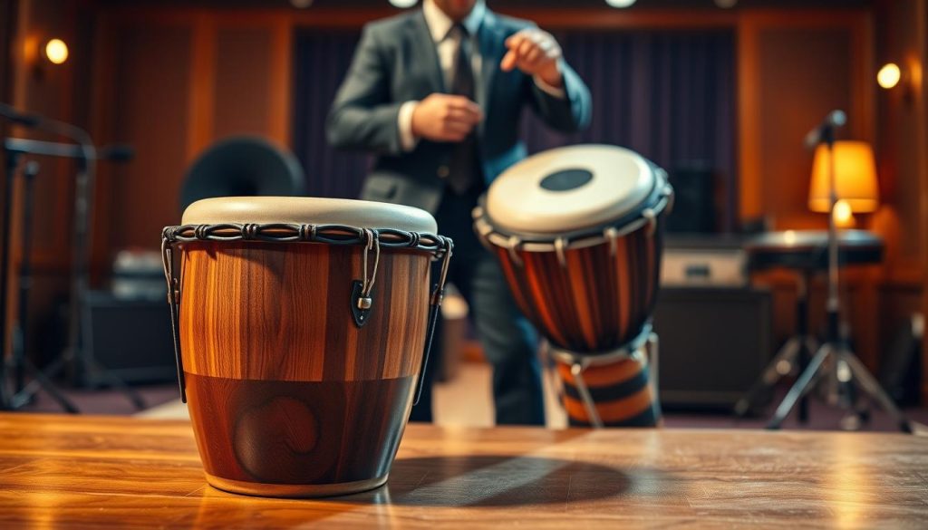 A professional setting featuring a high-end djembe in focus, highlighting its intricate craftsmanship and luxurious wood texture. In the foreground, the djembe sits on a polished wooden surface, showcasing its rich colors and detailed carvings. The middle ground reveals a pair of hands, dressed in smart casual attire, playing the drum with a focused expression, emphasizing the instrument's sonorité. In the background, a softly blurred, elegant music studio is illuminated by warm, ambient lighting, evoking a serene and inviting atmosphere. The scene captures the essence of sound quality and craftsmanship, showcasing the professional testing of a high-end djembe. Use a shallow depth of field to create a dreamy effect that draws the viewer's attention to the djembe and the hands in motion.