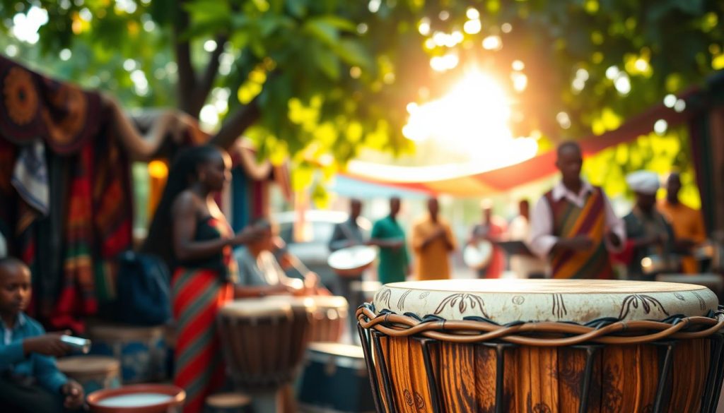 A traditional djembé prominently placed in the foreground, showcasing its intricate carvings and natural wood grain. The drum's skin head, taut and well-maintained, reflects soft ambient light, highlighting its texture. In the middle ground, a vibrant African market scene unfolds, with colorful fabrics and musicians playing various instruments, blending tradition and modernity. The background features lush greenery, filtering warm sunlight through the leaves, creating a serene atmosphere. Use a slightly shallow depth of field to focus on the djembé while softly blurring the surrounding activity. Capture the essence of both tradition and contemporary usage, evoking a rich cultural heritage and inviting a sense of rhythm and vibrancy. The overall mood should be lively yet respectful, celebrating the art of percussion.