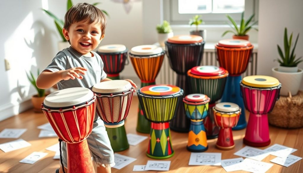 A vibrant and engaging image of a small child playing a colorful djembé drum, highlighting the various sizes available for children. The foreground features the child, wearing casual, modest clothing, striking a joyful pose as they strike the drum with their hands. In the middle, showcase several djembé drums of different sizes, emphasizing their unique designs and vibrant colors, arranged neatly. The background includes a soft, sunlit room with wooden flooring, scattered musical notes on paper, and a few potted plants to create a warm, inviting atmosphere. The lighting is bright and cheerful, providing an uplifting mood, with a focus on the child’s expression of fun and concentration.