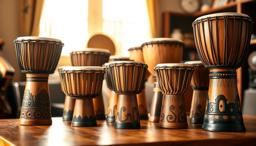 A well-lit, close-up image of a variety of djembés arranged on a wooden table, showcasing their craftsmanship and quality. In the foreground, focus on a few beautifully carved djembés, displaying intricate designs and vibrant colors. The middle ground features more djembés in differing sizes, emphasizing options suitable for children. The background includes a softly blurred music room setting, with warm natural light filtering in through a window, creating a welcoming atmosphere. Highlight the quality materials, such as polished wood and traditional animal skins. The overall mood is inviting and educational, suggesting an exploration of budget-friendly options for families interested in purchasing a djembé for children.