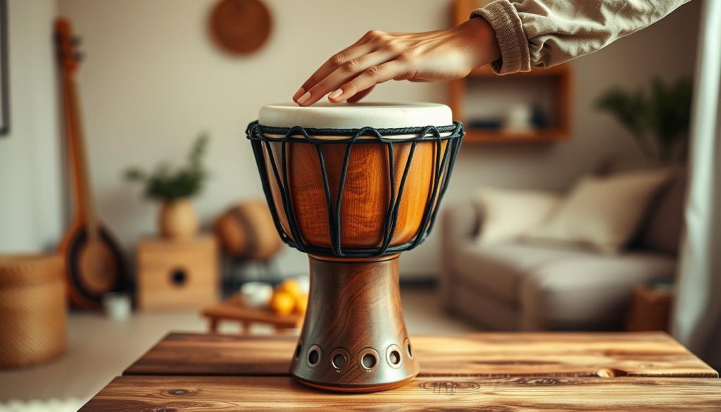 A beautifully crafted djembé drum is the focal point of this image, showcasing its intricate carvings and rich wooden texture. The drum is set on a simple, rustic wooden table, with soft, warm, ambient lighting illuminating its natural sheen and details. In the background, a blurred interior of a cozy room hints at an inviting practice space. Subtle earthy colors dominate the scene, creating a calming atmosphere conducive to music and creativity. A pair of hands, clad in modest, casual clothing, gently touches the drum, suggesting a moment of focus and connection. The angle captures the djembé from a slightly elevated perspective, emphasizing its design and craftsmanship while inviting viewers into the experience of playing.