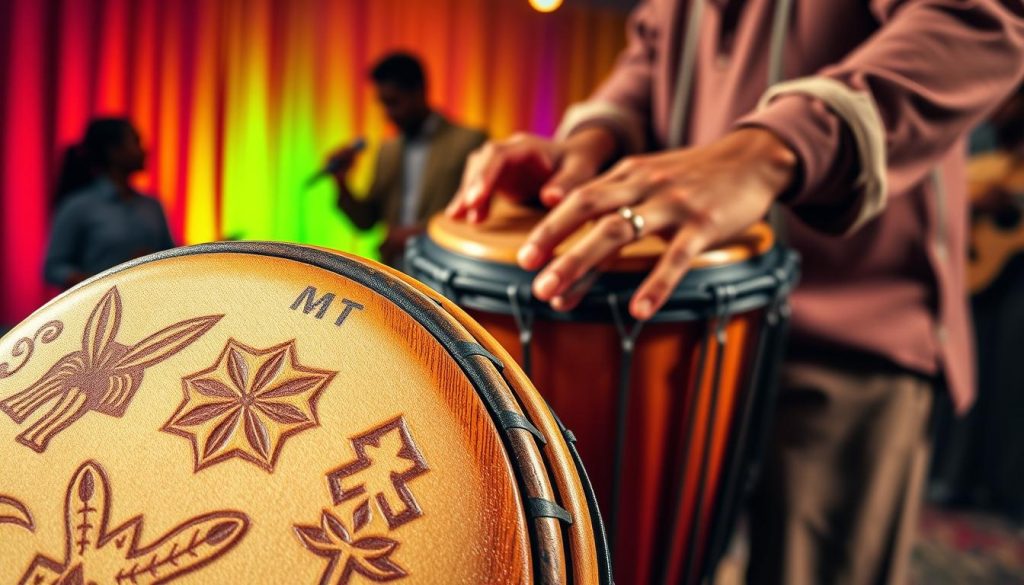 A close-up shot of a beautifully crafted djembé drum set against a vibrant backdrop. The foreground features detailed carvings on the drum's surface, showcasing intricate patterns that hint at the rhythms of traditional West African music. In the middle ground, a pair of hands, clothed in modest casual attire, expertly striking the drum with dynamic energy, conveying a sense of movement and rhythm. Bright ambient lighting enhances the textures of the wood and emphasizes the warm colors of the drum. The background includes soft, blurred silhouettes of musicians immersed in the music, creating an inviting and rhythmic atmosphere. The overall mood is lively and encouraging, perfect for beginners eager to explore simple djembé patterns.