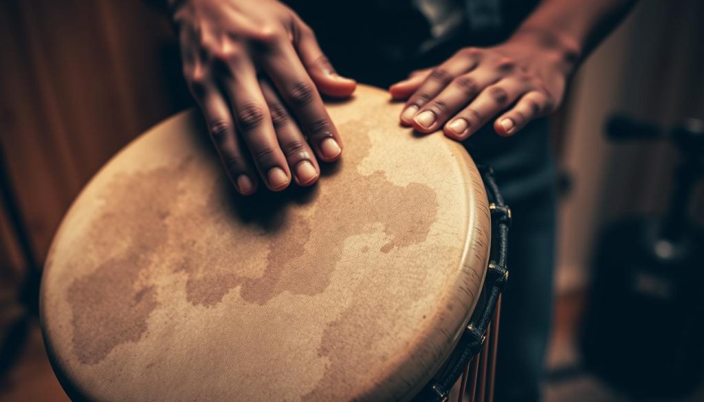 A close-up view of a traditional djembé drum, focusing on the intricate skin head or "peau." The texture of the drumhead is displayed prominently, revealing natural variations and patterns, showcasing its organic material. In the foreground, a pair of hands in modest, casual attire gently adjusts the tension of the drumhead, emphasizing the importance of tuning for optimal sound quality. The background features a softly lit studio environment, with warm, inviting light highlighting the wood grain of the drum, creating a harmonious atmosphere. The depth of field blurs the surrounding space, directing attention to the art of sound optimization. The overall mood is focused and passionate, reflecting the dedication to mastering the techniques of djembé playing.