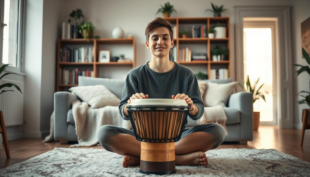 A cozy indoor setting focused on a beginner practicing the djembe drum in a living room, ensuring the atmosphere is calm and undisturbing. In the foreground, a young adult, dressed in comfortable, modest casual clothing, sits cross-legged on a soft rug with a djembe drum placed before them. The subject has a serene expression, embodying concentration and joy. In the middle, there are soft cushions and a cozy throw blanket, creating a warm ambiance. The background features a bookshelf lined with music books and plants, softly lit by natural light coming through a nearby window. The overall mood should evoke tranquility and focus, highlighting a peaceful environment conducive to practicing music without disruption.