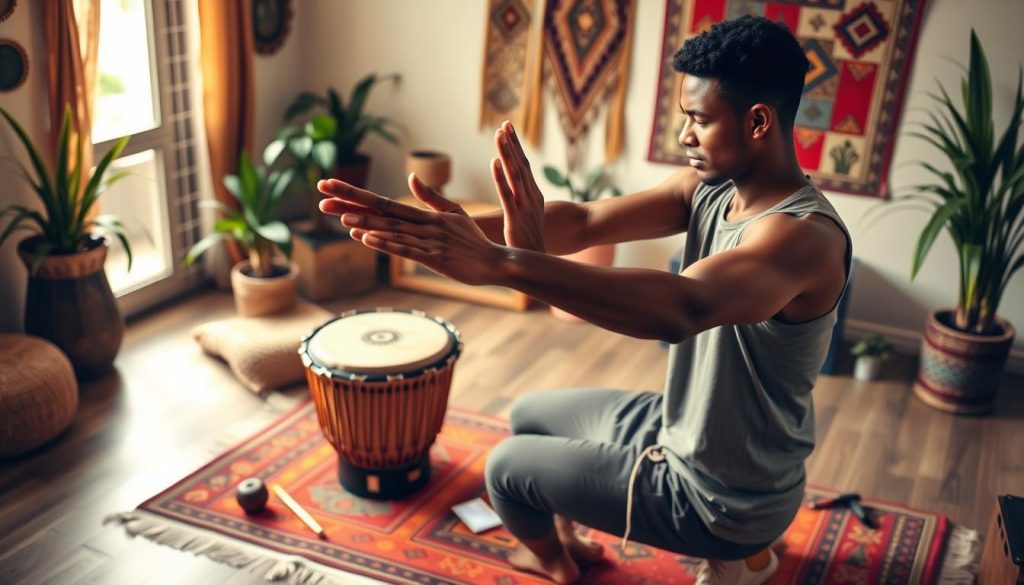 A focused and dynamic scene showcasing an individual practicing wrist warm-up exercises for djembe drumming. In the foreground, a person of diverse descent is engaged in a stretching routine, their wrists extended, showcasing proper form, wearing casual athletic attire. The middle ground features a traditional djembe drum resting on a brightly colored mat, with small hand percussion instruments scattered around. The background is a softly lit room decorated with ethnic patterns and plants, creating a warm and inviting atmosphere. Natural light filters in through a window, illuminating the subject and enhancing the vibrant colors of the space. The overall mood is energizing and focused, capturing the essence of daily practice and progression in djembe drumming.