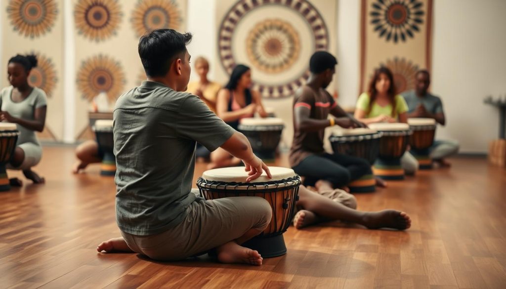 A focused scene depicting a diverse group of individuals, seated on a hardwood floor, each demonstrating the correct posture for playing the djembe. In the foreground, a middle-aged Asian male sits cross-legged, maintaining a straight back, hands poised over the drum. To the left, a young Black female adjusts her posture, ensuring her wrists are relaxed. The middle ground features other participants engaged in similar poses, emphasizing body alignment and comfort. Soft, warm lighting casts gentle shadows, creating an inviting atmosphere. The background includes rhythmic patterns and African-inspired decor subtly blurred to keep the focus on the proper stance and placement essential for playing the drum effectively. The mood is encouraging and educational, guiding beginners towards a pain-free playing experience.