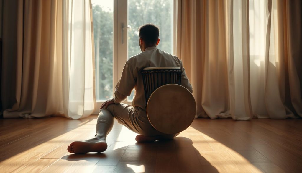 A skilled musician seated on a wooden floor, holding a djembé drum in front of them. The musician, dressed in a modest casual outfit, exhibits an attentive posture, with their back straight and legs crossed to allow for fluid movement. Sunlight streams through a large window, casting gentle shadows and creating a warm, inviting atmosphere in the room. The djembé is prominently featured, showcasing its intricate carvings and vibrant color. In the background, soft-toned curtains billow slightly with a breeze, enhancing the sense of rhythm. The scene captures the essence of technique and grace, focusing on the musician's connection to their instrument, while emphasizing an inviting and inspiring environment.