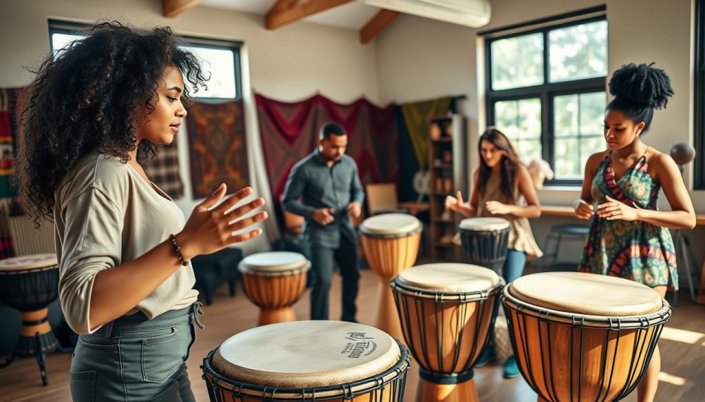 A vibrant indoor drumming studio where a diverse group of four musicians is practicing beginner djembe rhythms. In the foreground, a young woman with curly hair demonstrates a basic hand technique on a wooden djembe, wearing a comfortable yet stylish casual outfit. In the middle, two men and another woman are focused, trying to mimic her movements, with their djembes positioned around them. The space is filled with colorful African fabrics and drums, adding cultural depth. Natural light streams in from large windows, creating a warm and inviting atmosphere. The angle captures the musicians from a slightly elevated perspective, showcasing their engaged expressions and the rhythmic energy of the session, emphasizing community and learning.