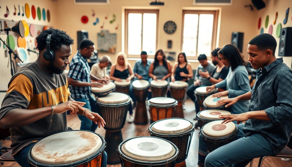 A vibrant music practice scene featuring a diverse group of individuals engaged in rhythmic exercises on djembés. In the foreground, two musicians focus intently, demonstrating the bass, tonique, and claqué techniques, their hands skillfully striking the drums. The middle ground captures additional participants slightly blurred, emphasizing movement and tempo, some tapping their feet in rhythm. The background is a soft-focus view of a studio adorned with colorful instruments, musical notes, and sound equipment, evoking a lively atmosphere. Warm, natural lighting streams in from large windows, casting gentle highlights on the drummers. The overall mood is energetic and collaborative, inviting a sense of connection through the joy of music.