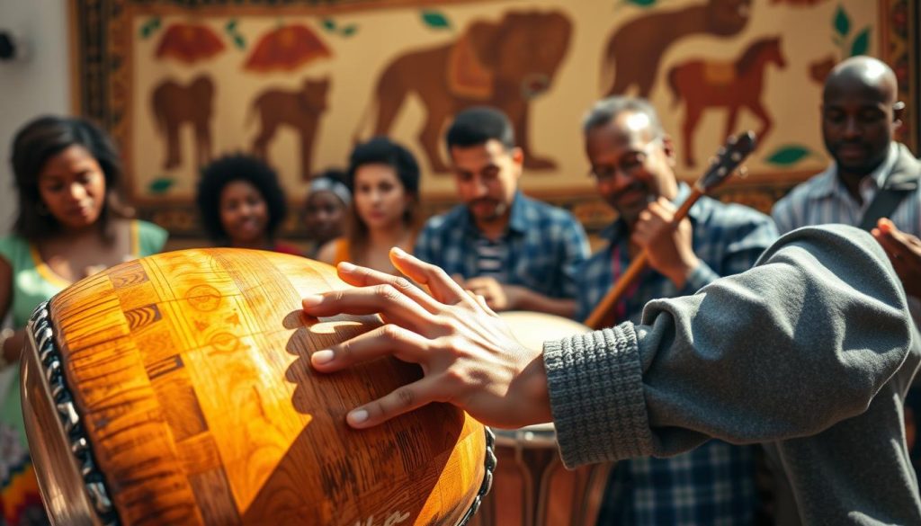 A vibrant scene depicting a skilled percussionist playing a djembé drum, showcasing their focused expression and dynamic hand movements. The foreground features the intricately carved wooden djembé, detailed with patterns, reflecting sunlight. In the middle ground, a diverse group of musicians of different ethnic backgrounds play other traditional instruments, creating a harmonious atmosphere. The background consists of a colorful tapestry or African-inspired mural that enhances the cultural essence of the scene. The lighting is warm and inviting, casting soft shadows that add depth. The composition is slightly angled to capture the energy of the performance, evoking a sense of unity and rhythm. The overall mood is uplifting and celebratory, perfect for conveying the joy of learning simple rhythms and building a solid musical foundation.