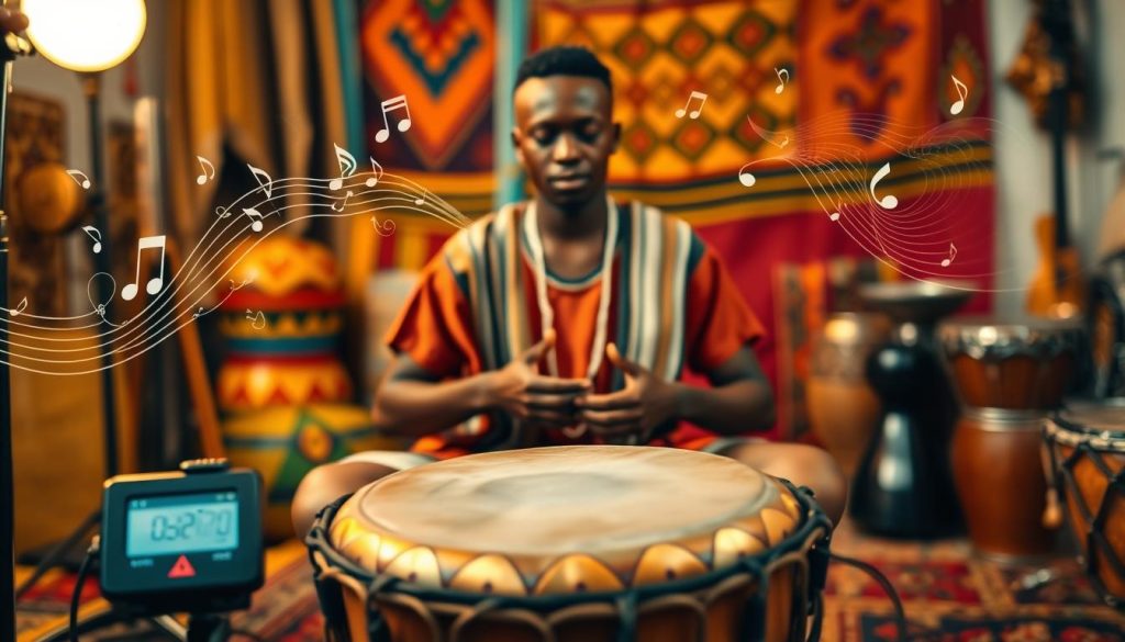 A vibrant scene showcasing a skilled person playing a djembé, seated at the center in a meditative pose, with focused expression. The foreground includes a beautifully crafted wooden djembé drum, its surface glistening under warm, soft light. The background features colorful traditional African textiles and musical instruments, suggesting a rich cultural environment. To the side, a digital metronome is softly glowing, indicating the rhythm being captured. The middle section includes abstract musical notes and vibrant sound waves swirling around, representing the flow of music and rhythm. Capture the atmosphere of creativity and focus, with warm, inviting colors reflecting passion for drumming. Use a shallow depth of field to accentuate the djembé and player, with a dreamy bokeh effect in the background.