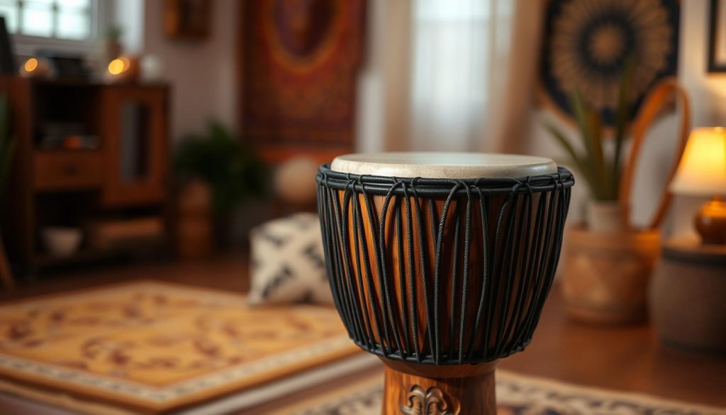 A beautifully crafted djembé in a comfortable size, prominently displayed in the foreground, showcasing its intricate carvings and rich, natural wood finish. The drum is positioned at an inviting angle, suggesting the ideal posture for playing, with hands poised above it as if ready to strike. In the middle ground, a softly blurred glimpse of an indoor space with warm, ambient lighting creates a cozy practice environment, enhancing the sense of comfort and relaxation. In the background, hints of African-inspired decor, such as textiles or art, subtly enrich the atmosphere without overwhelming the focus on the djembé. The overall mood conveys warmth and tranquility, inviting viewers to engage with the rhythmic experience. Use a soft focus lens to create a gentle bokeh effect, emphasizing the djembé as the focal point of the image. A beautifully crafted djembé in a comfortable size, prominently displayed in the foreground, showcasing its intricate carvings and rich, natural wood finish. The drum is positioned at an inviting angle, suggesting the ideal posture for playing, with hands poised above it as if ready to strike. In the middle ground, a softly blurred glimpse of an indoor space with warm, ambient lighting creates a cozy practice environment, enhancing the sense of comfort and relaxation. In the background, hints of African-inspired decor, such as textiles or art, subtly enrich the atmosphere without overwhelming the focus on the djembé. The overall mood conveys warmth and tranquility, inviting viewers to engage with the rhythmic experience. Use a soft focus lens to create a gentle bokeh effect, emphasizing the djembé as the focal point of the image.