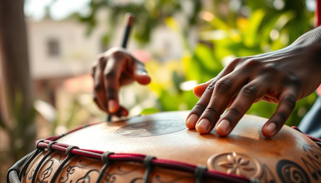 A close-up view of a skilled percussionist playing a djembé, focusing on their hands striking the drum with precision. The foreground captures the movement of the hands, with vibrant activity and dynamic energy as the fingers connect with the drum surface, producing sharp, clear sounds. In the middle ground, the beautifully crafted djembé showcases intricate carvings and traditional patterns, reflecting African cultural heritage. The background features a softly blurred outdoor setting, hinting at a warm, sunny day, with lush greenery surrounding the scene. Soft, natural lighting highlights the textures of the drum and the musician's hands, creating a lively and inviting atmosphere that embodies the essence of African rhythms. A close-up view of a skilled percussionist playing a djembé, focusing on their hands striking the drum with precision. The foreground captures the movement of the hands, with vibrant activity and dynamic energy as the fingers connect with the drum surface, producing sharp, clear sounds. In the middle ground, the beautifully crafted djembé showcases intricate carvings and traditional patterns, reflecting African cultural heritage. The background features a softly blurred outdoor setting, hinting at a warm, sunny day, with lush greenery surrounding the scene. Soft, natural lighting highlights the textures of the drum and the musician's hands, creating a lively and inviting atmosphere that embodies the essence of African rhythms.